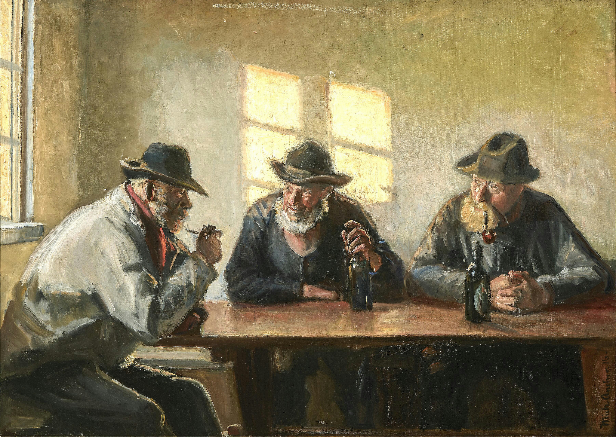 Trois pêcheurs dans le magasin de Brøndum. (1916). - Michael Peter Ancher image 1 reproduction artisanale de tableau