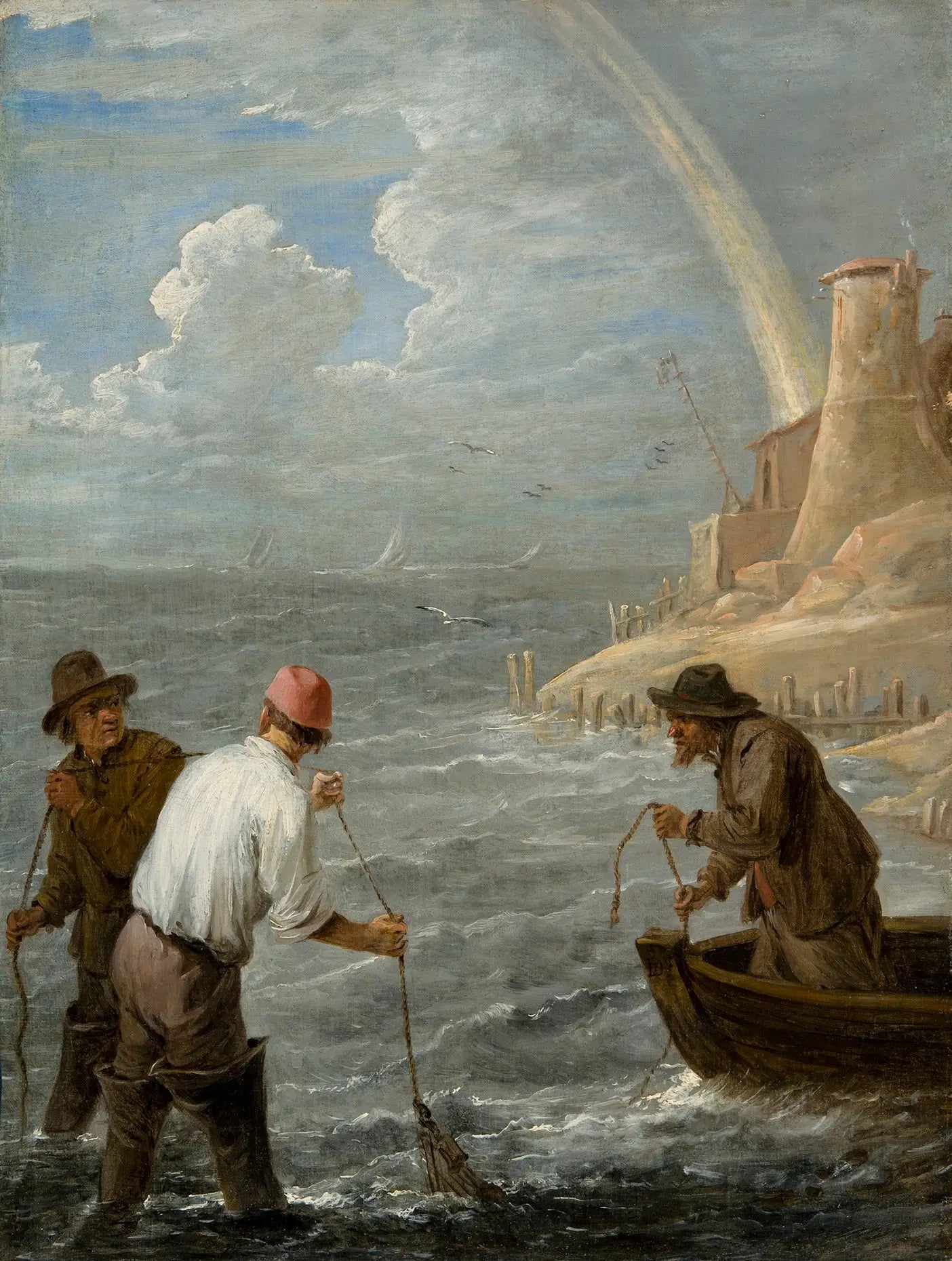 Trois pêcheurs lançant leurs filets - David Teniers le Jeune image 1 tableau peint à l’huile sur toile