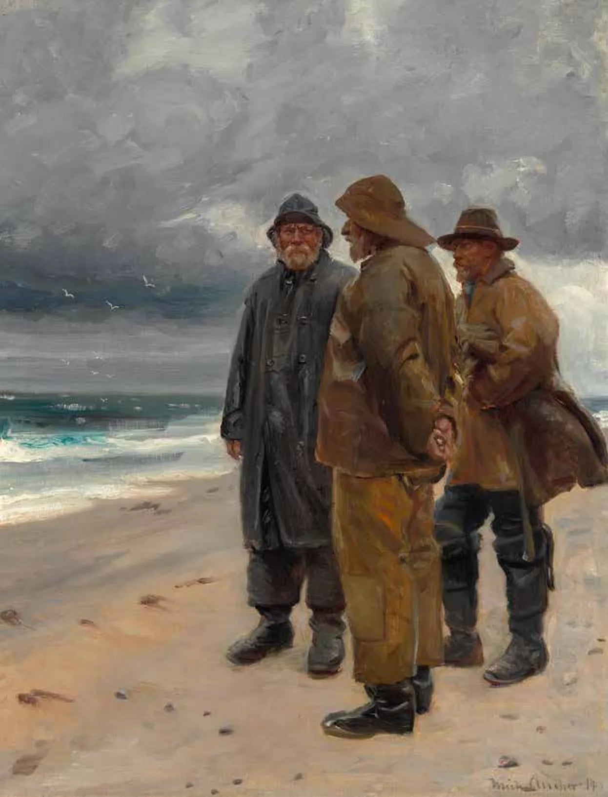 Trois pêcheurs sur la plage de Skagen par temps couvert. - Michael Peter Ancher image 1 tableau peint à l’huile sur toile