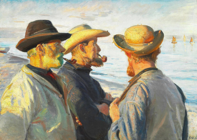 Trois pêcheurs sur la plage de Skagen, sous le soleil couchant. - Michael Peter Ancher