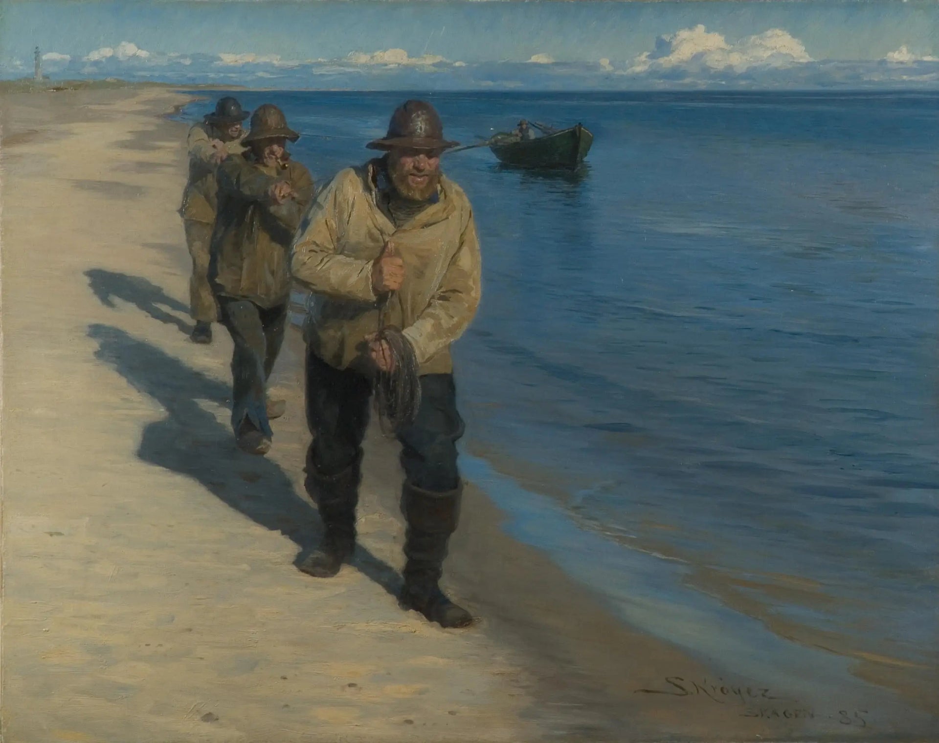 Trois pêcheurs tirant un bateau. - Peder Severin Krøyer image 1 reproduction réalisée par Alpha Reproduction