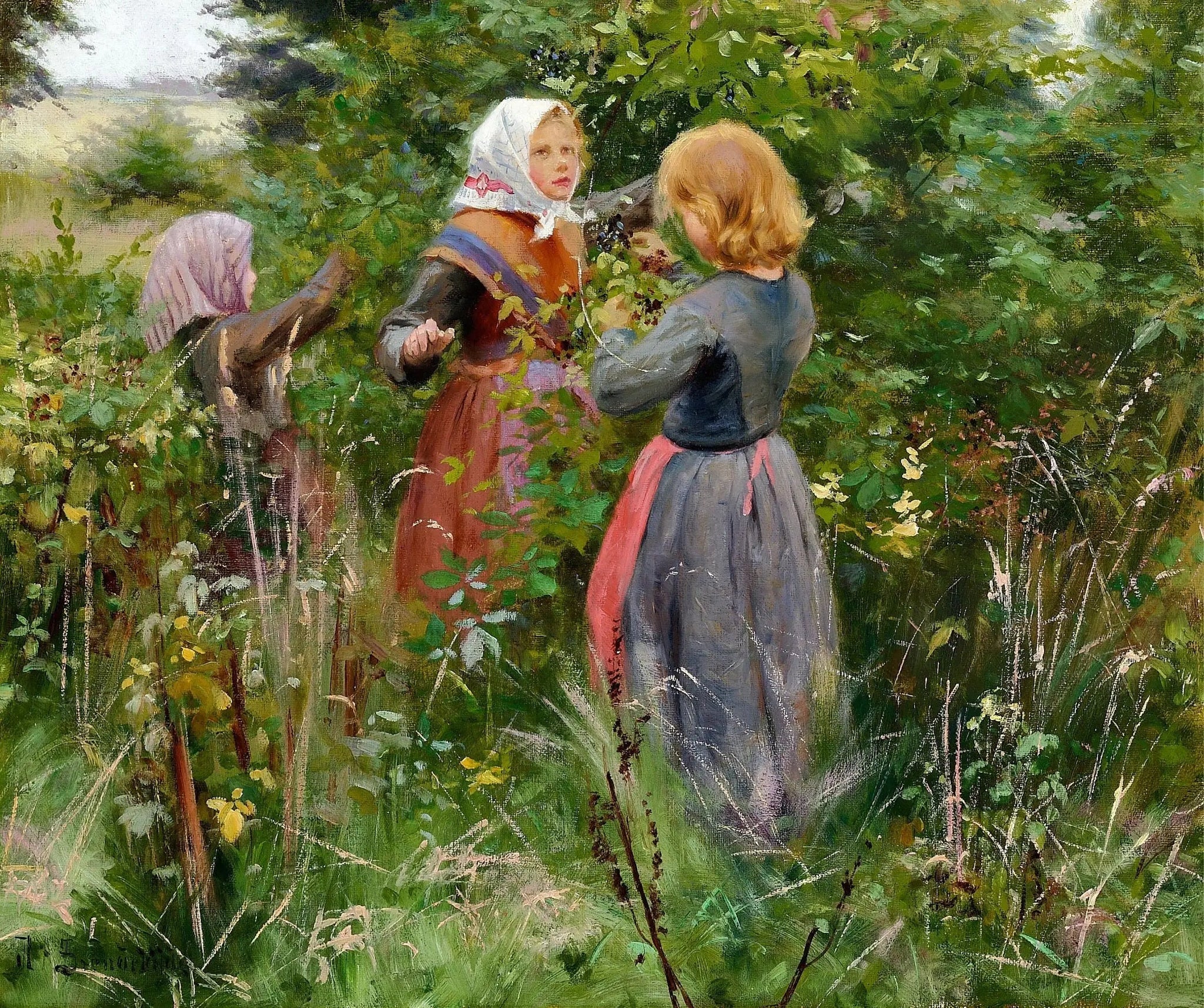 Trois petites filles cueillant des mûres - H. A. Brendekilde image 1 copie peinte à la main à l’huile