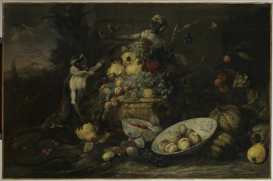 Trois singes voleurs de fruits, avec échappée sur un paysage - Frans Snyders