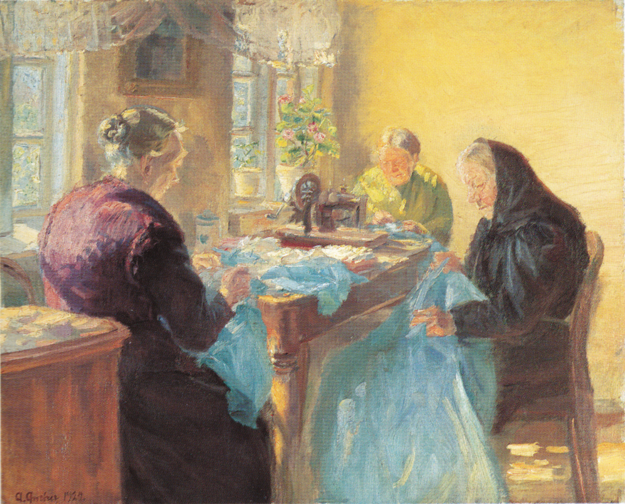 Trois vieilles dames cousent une robe bleue pour un bal costumé. - Anna Ancher image 1 reproduction artisanale de tableau