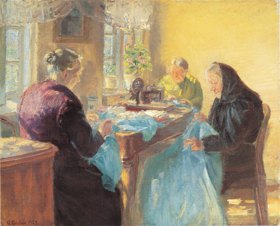 Trois vieilles dames cousent une robe bleue pour un bal costumé. - Anna Ancher