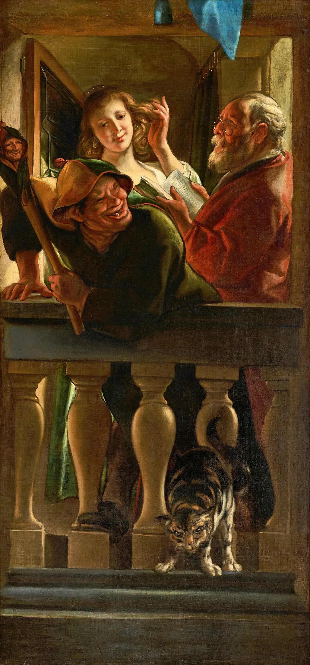 Trompe-l'œil représentant une porte avec un bouffon se moquant d'une personne depuis un balcon, une jeune femme se pavanant tandis qu'un vieil homme lit et qu'un chat feule en dessous. - Jacob Jordaens image 1 reproduction artisanale de tableau