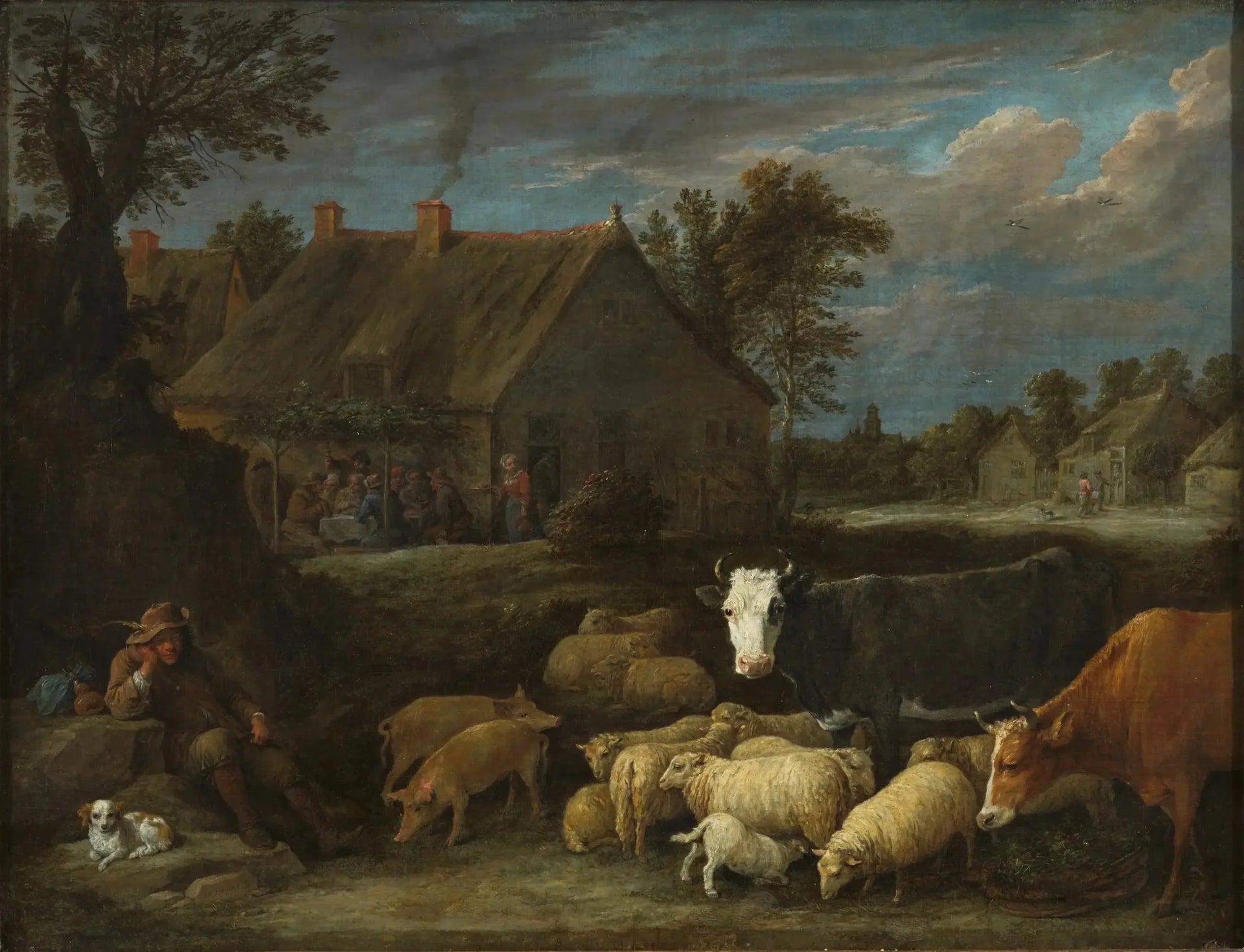 Troupeau dans un village - David Teniers le Jeune image 1 copie de tableau peinte à la main