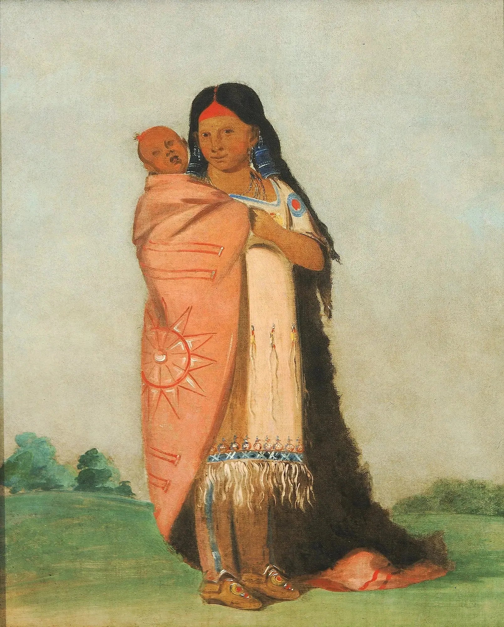 Tsee-moúnt, Grande Merveille, portant son bébé dans sa robe - George Catlin image 1 copie peinte à la main à l’huile