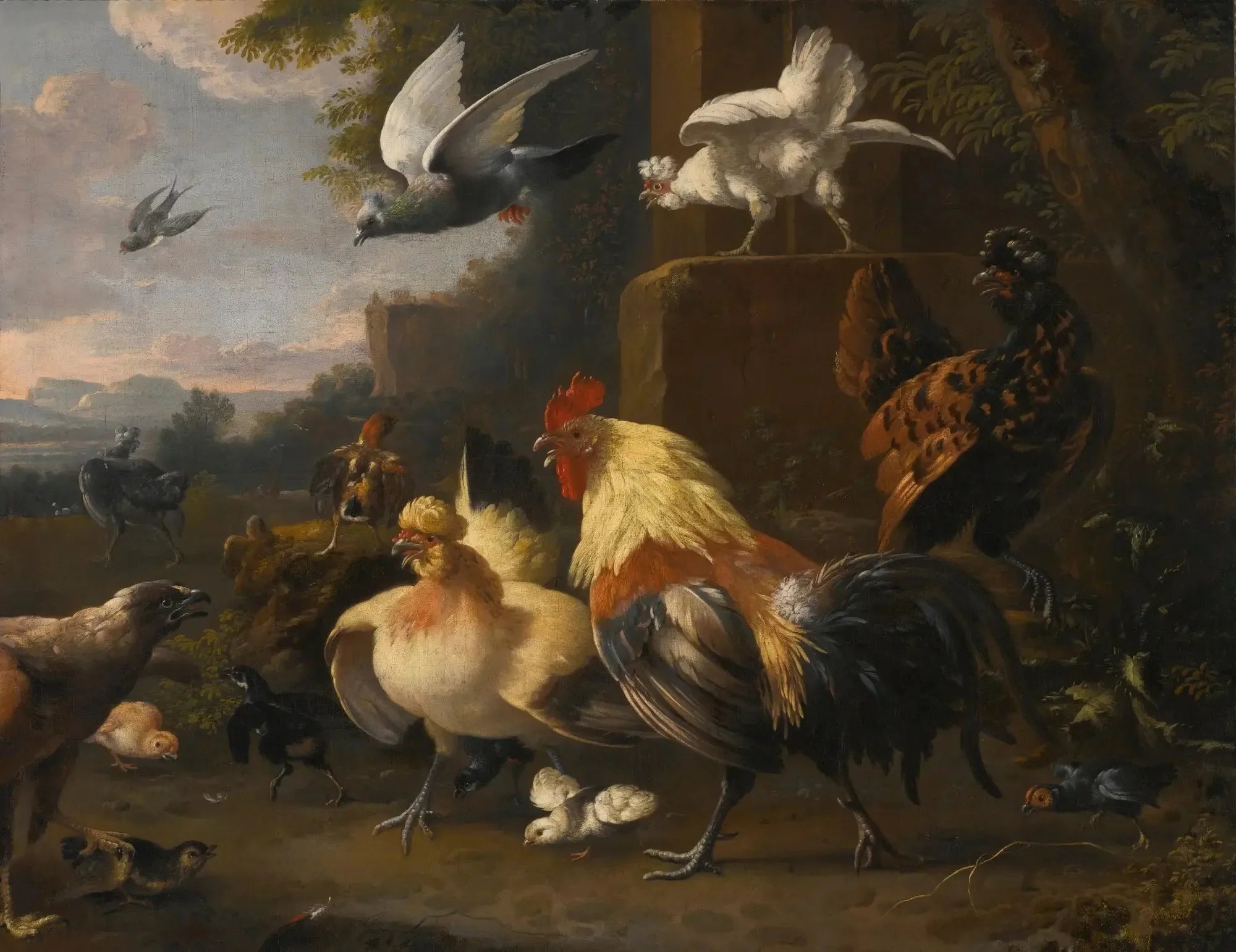 Un aigle face à un jeune coq, des poules, des pigeons en vol et d'autres oiseaux - Melchior de Hondecoeter image 1 reproduction d’œuvre d’art à l’huile