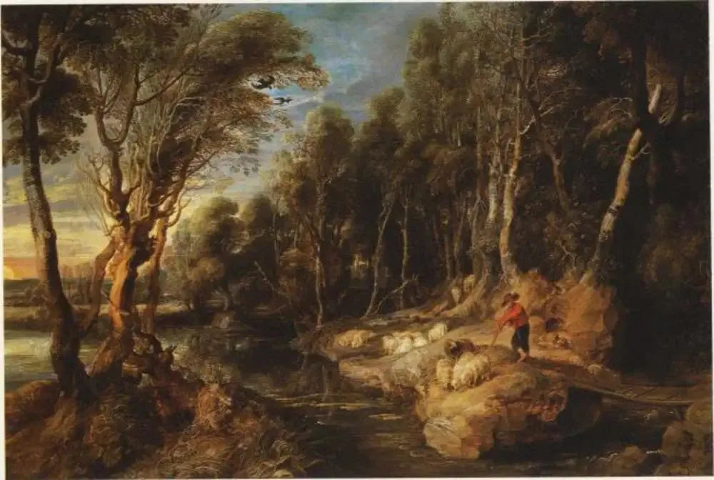 Un berger avec son troupeau dans un paysage boisé - Peter Paul Rubens image 1 copie peinte à la main à l’huile