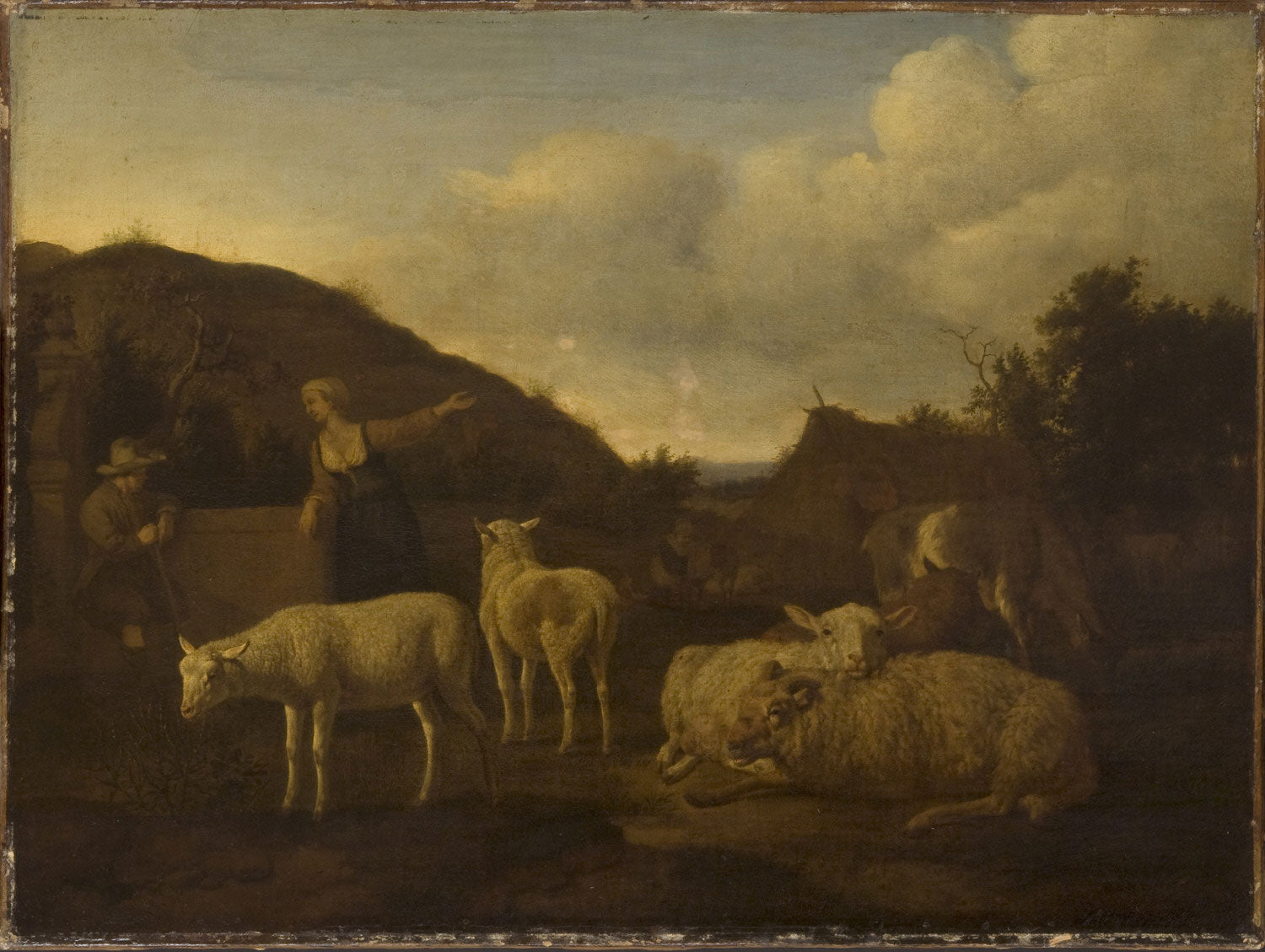 Un berger et une bergère avec un troupeau de moutons - Adriaen van de Velde image 1 copie peinte à la main à l’huile
