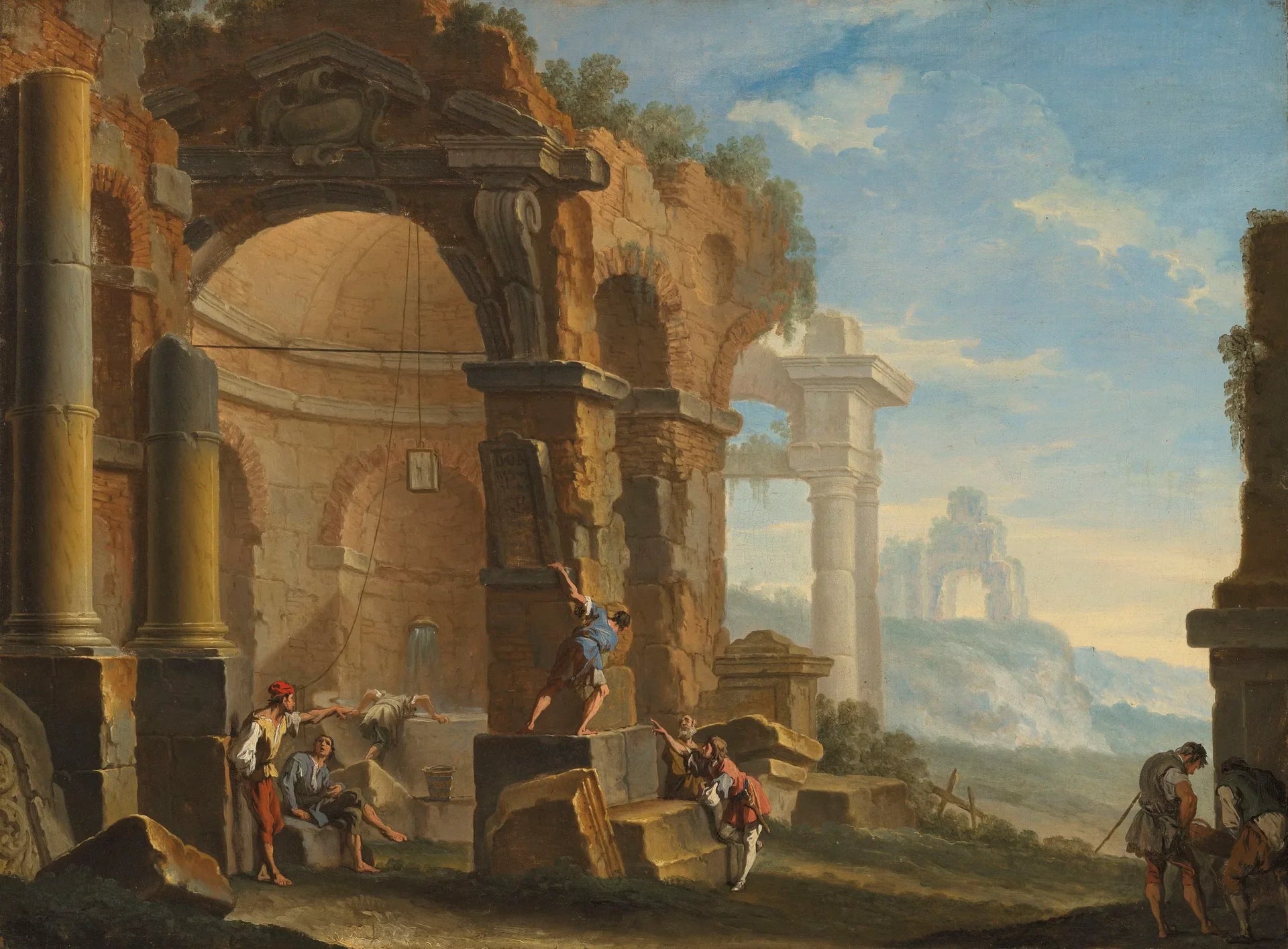 Un caprice avec des personnages conversant près de ruines classiques - Sebastiano Ricci image 1 tableau peint à l’huile sur toile