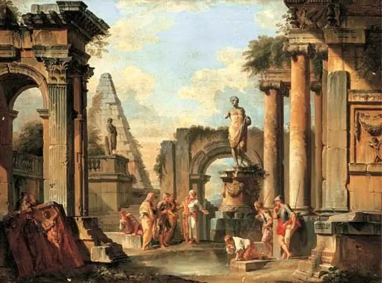 Un caprice de ruines classiques avec Diogène jetant sa coupe. - Giovanni Paolo Panini image 1 reproduction de peinture à l’huile