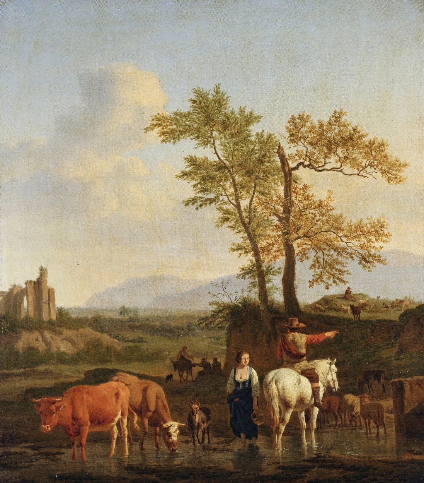 Un cavalier à un gué, demandant son chemin à une bergère, dans un paysage à l'italienne - Adriaen van de Velde image 1 tableau peint à l’huile sur toile