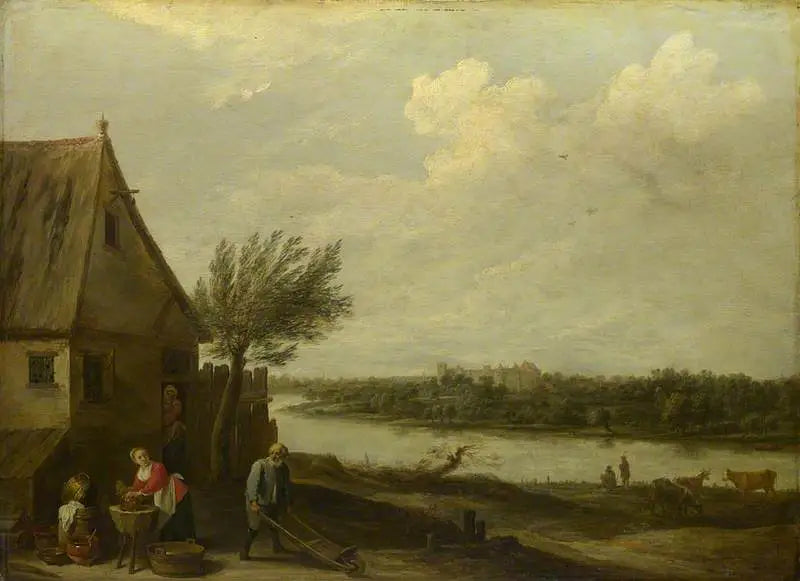Un chalet au bord d'une rivière avec une vue lointaine sur un château - David Teniers le Jeune image 1 copie peinte à la main à l’huile