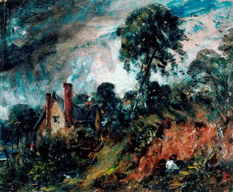 Un chalet parmi les arbres avec un banc de sable - John Constable image 1 copie peinte à la main à l’huile