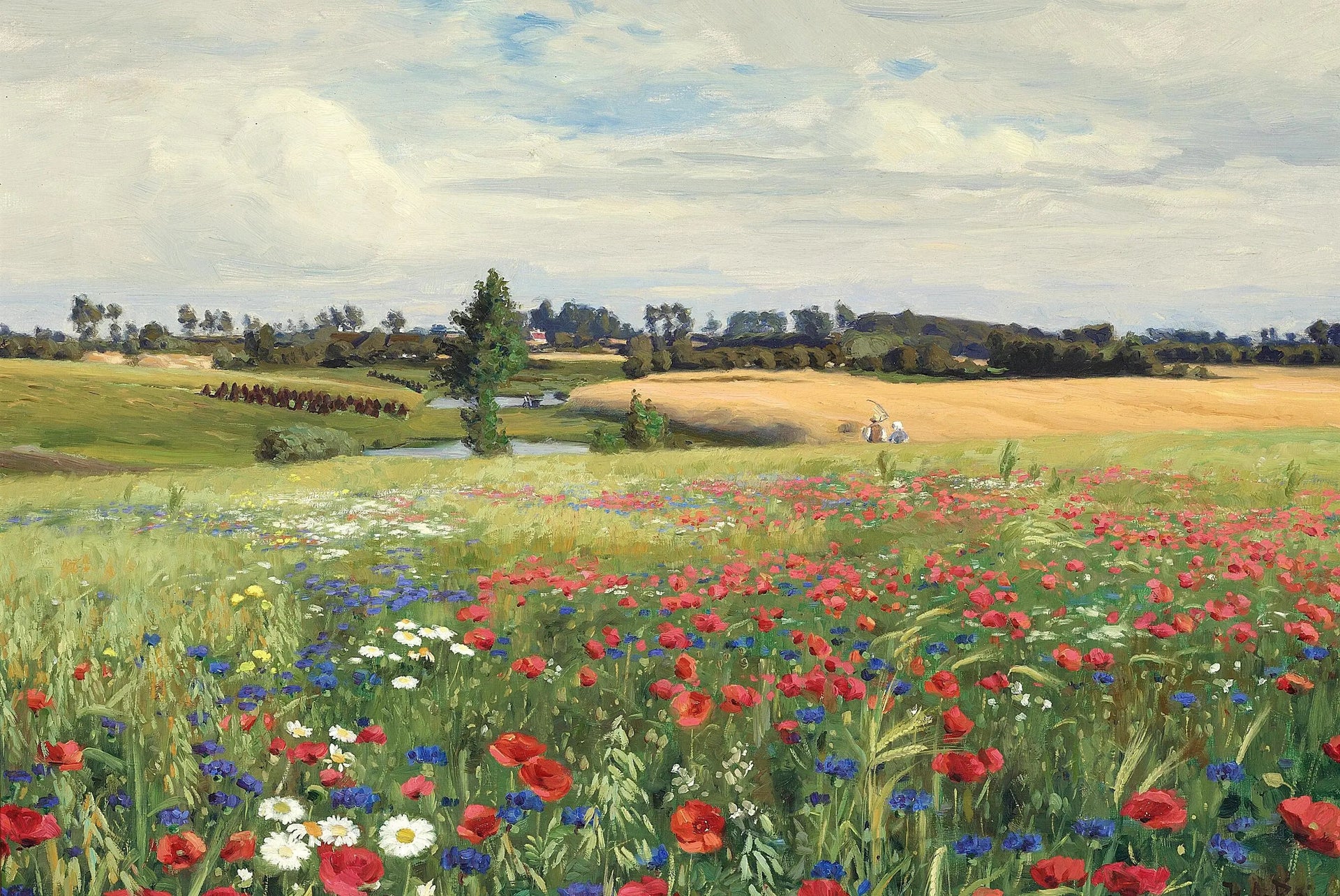 Un champ de bleuets, de coquelicots et de marguerites. - H. A. Brendekilde image 1 reproduction de peinture à l’huile