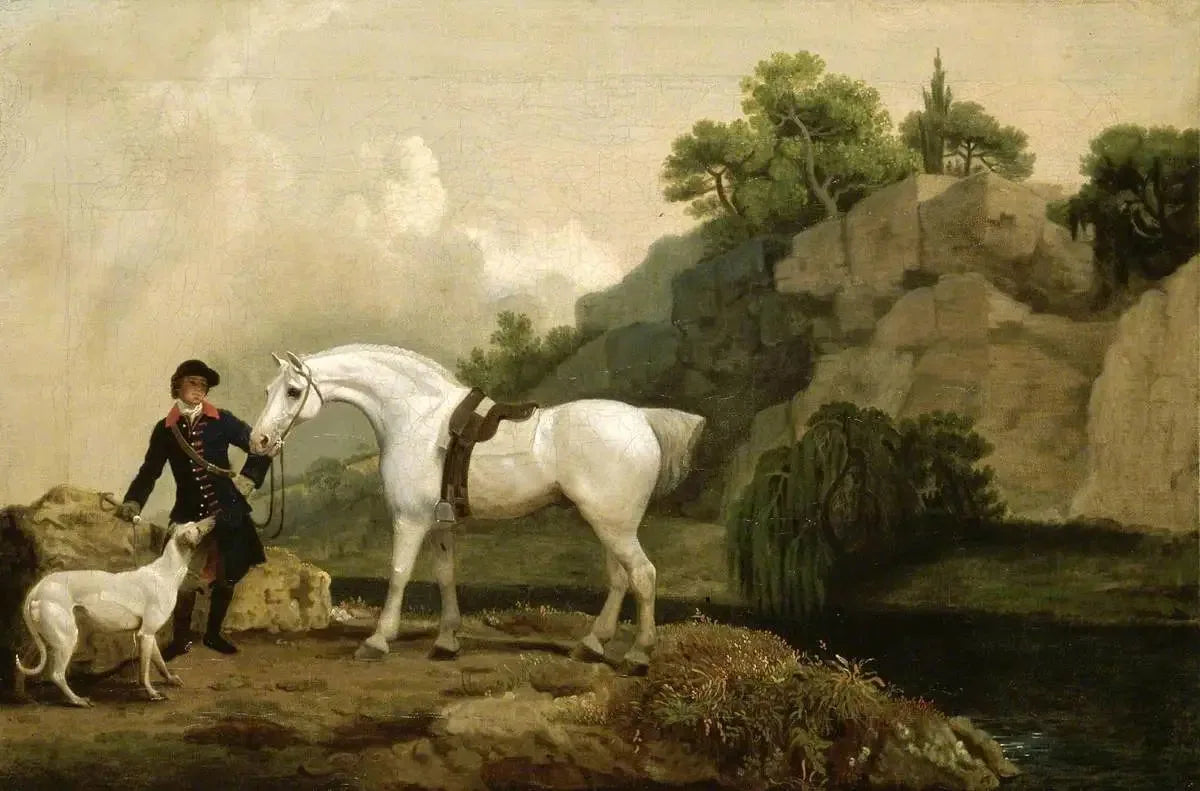 Un chasseur de lévriers avec un palefrenier et un lévrier à Creswell Crags - George Stubbs image 1 reproduction d’œuvre d’art à l’huile