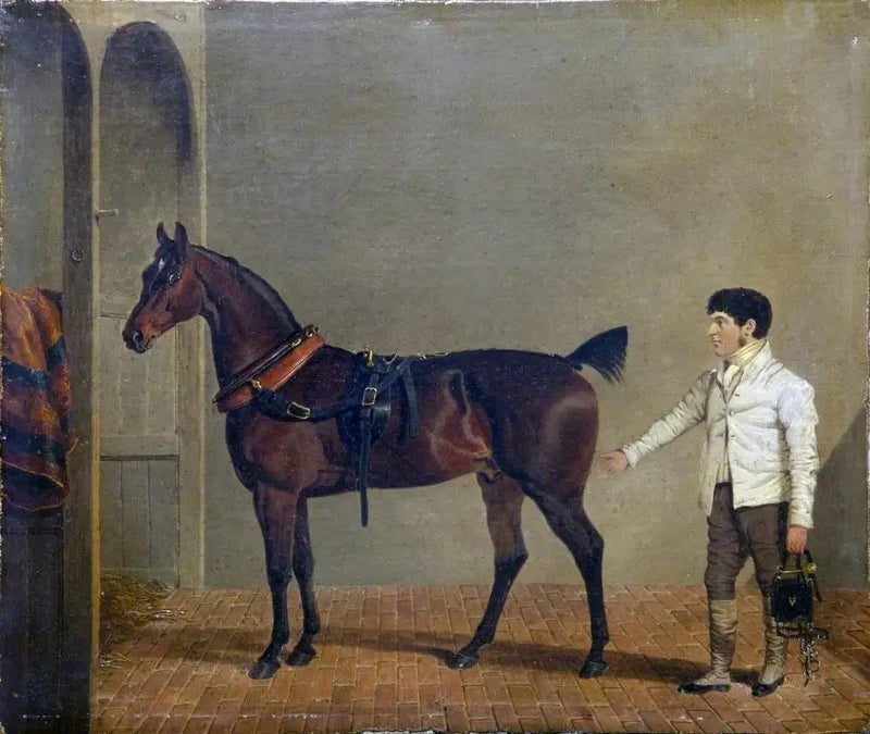 Un cheval de calèche attelé, avec un palefrenier, dans une écurie - John Frederick Herring, Sr.