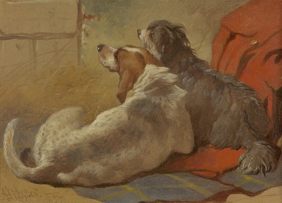 Un chien de chasse et un colley barbu assis sur un manteau de chasse - John Frederick Herring, Sr.