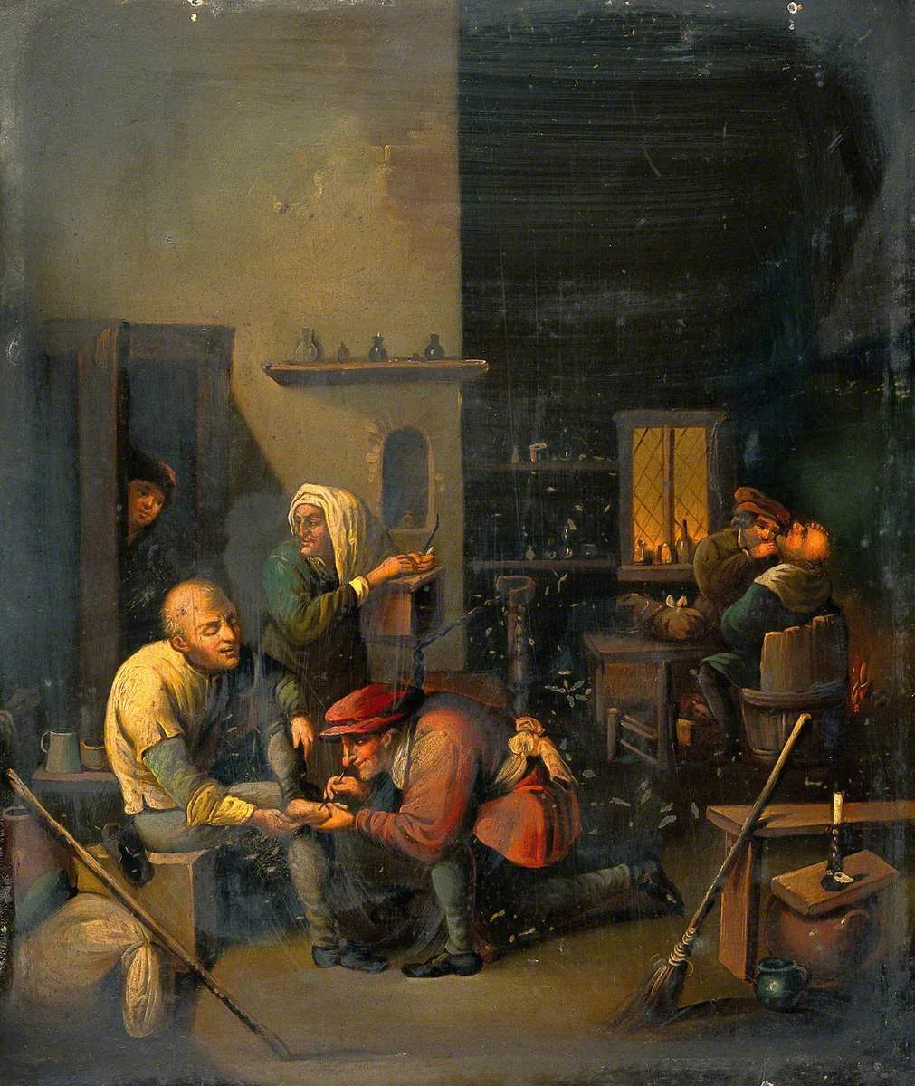 Un chirurgien opère le pied d'un homme - Adriaen Brouwer image 1 copie peinte à la main à l’huile