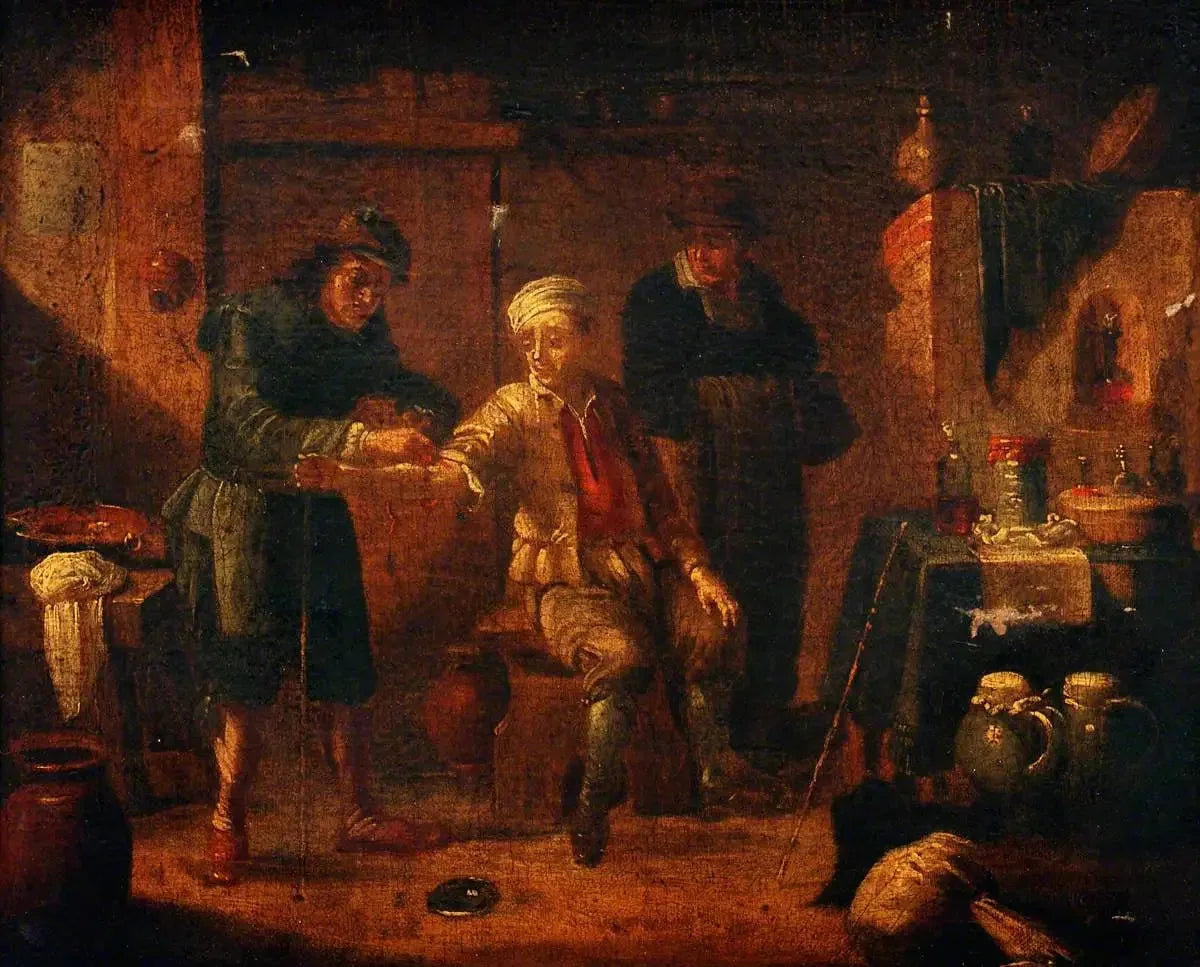 Un chirurgien prélève du sang du bras d'un homme - David Teniers le Jeune image 1 reproduction de peinture à l’huile