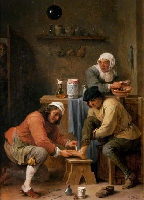 Un chirurgien soignant le pied d'un paysan - David Teniers le Jeune image 1 copie peinte à la main à l’huile