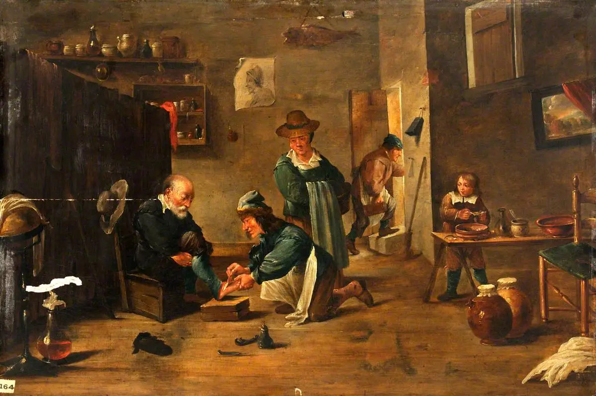 Un chirurgien soigne le pied d'un homme avec un plâtre - David Teniers le Jeune image 1 reproduction d’œuvre d’art à l’huile