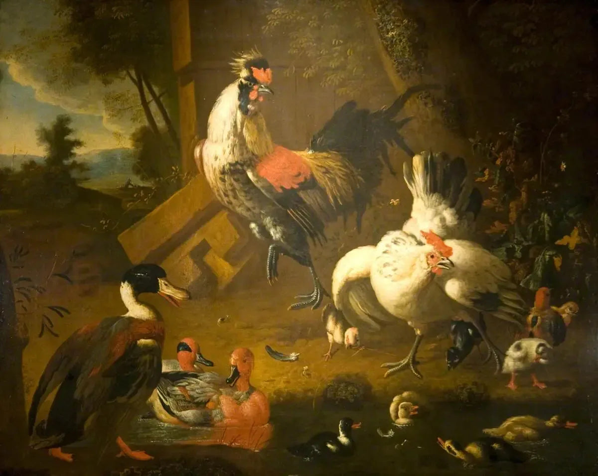 Un coq avec une poule et trois canards - Melchior de Hondecoeter image 1 copie peinte à la main à l’huile