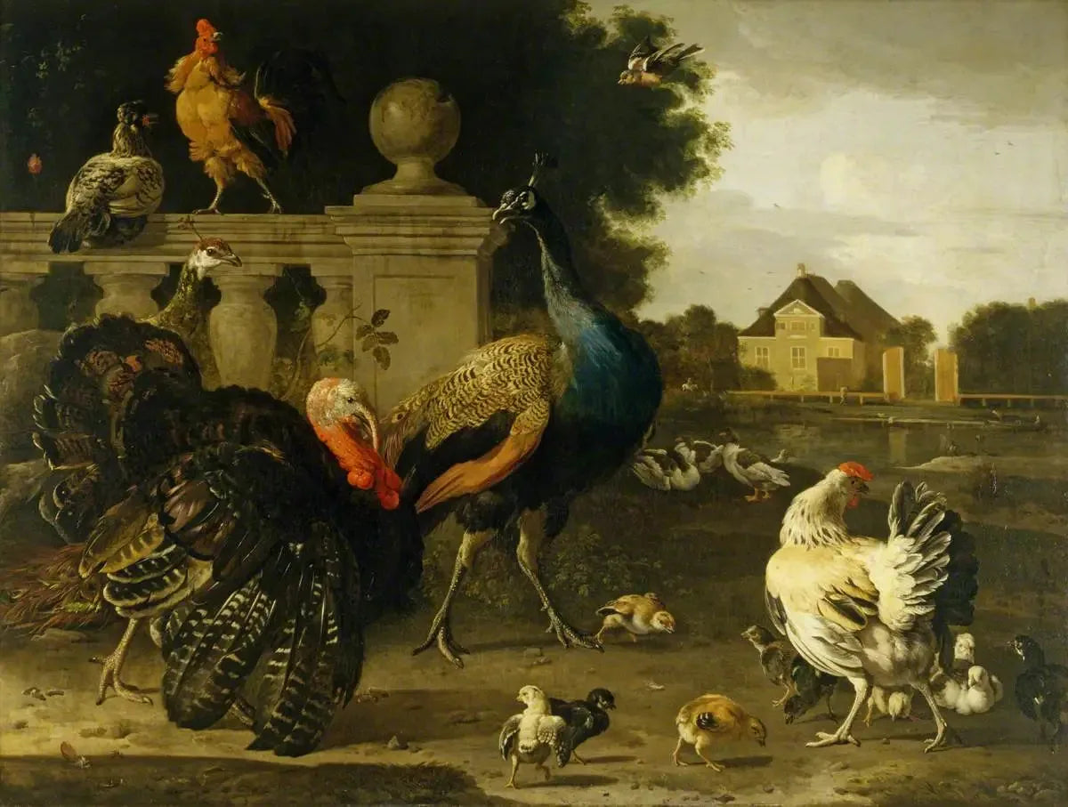 Un coq de dinde et d'autres oiseaux dans un jardin - Melchior de Hondecoeter image 1 reproduction d’œuvre d’art à l’huile