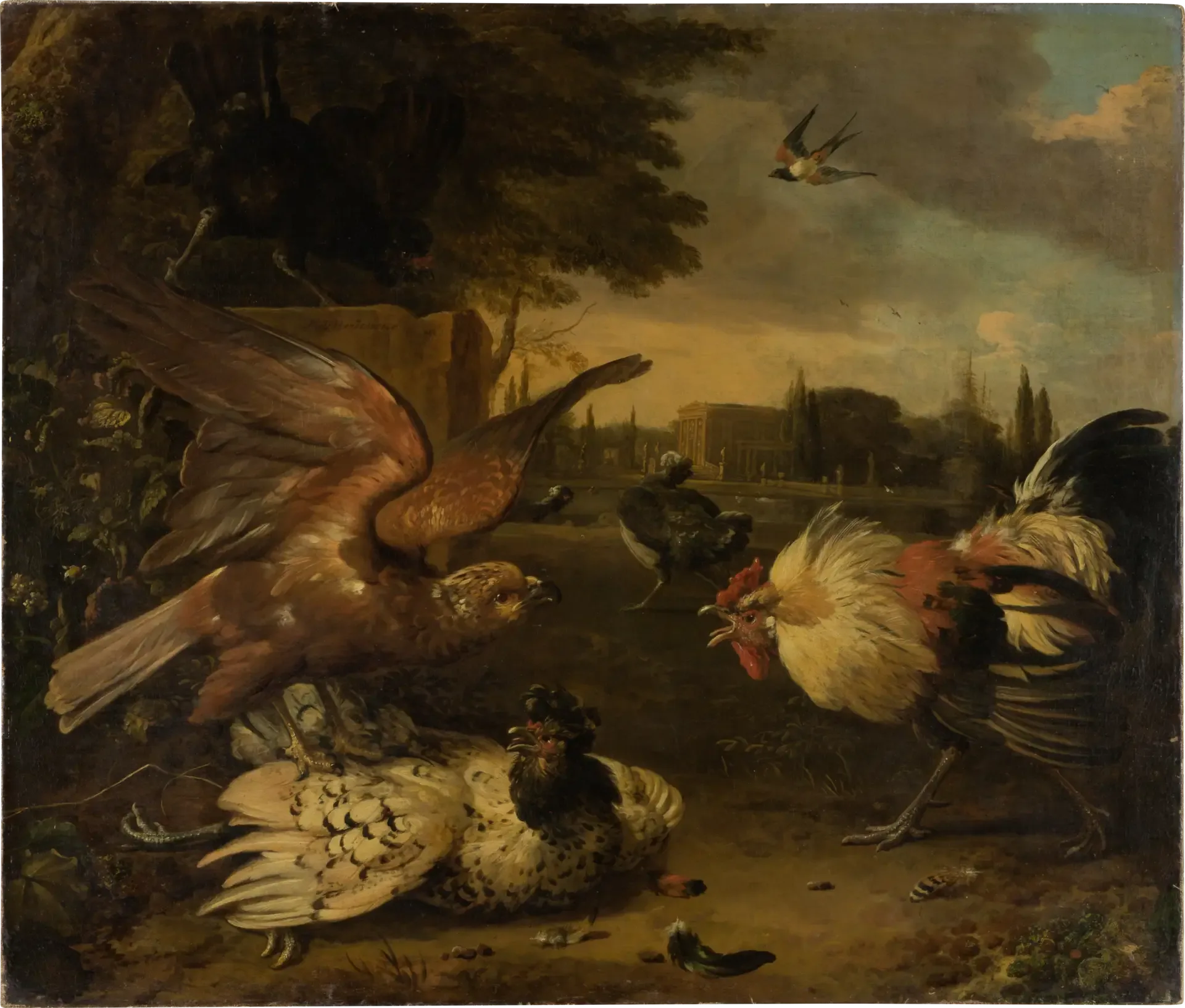 Un coq défend une poule contre un oiseau de proie qui l'attaque - Melchior de Hondecoeter image 1 reproduction réalisée par Alpha Reproduction