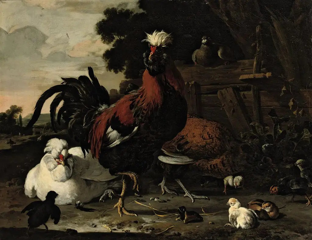 Un coq, des poules, des poussins et un pigeon près d'une palissade de bois dans un paysage - Melchior de Hondecoeter image 1 reproduction artisanale de tableau