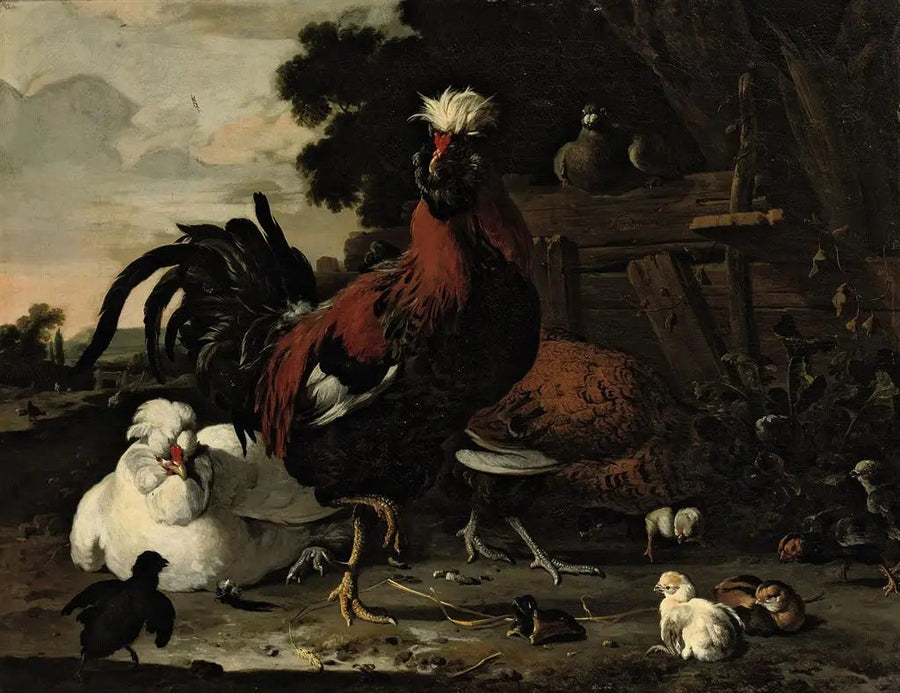 Un coq, des poules, des poussins et un pigeon près d'une palissade de bois dans un paysage - Melchior de Hondecoeter