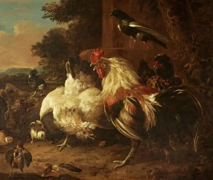 Un coq et deux poules, avec des poussins, dans un paysage - Melchior de Hondecoeter