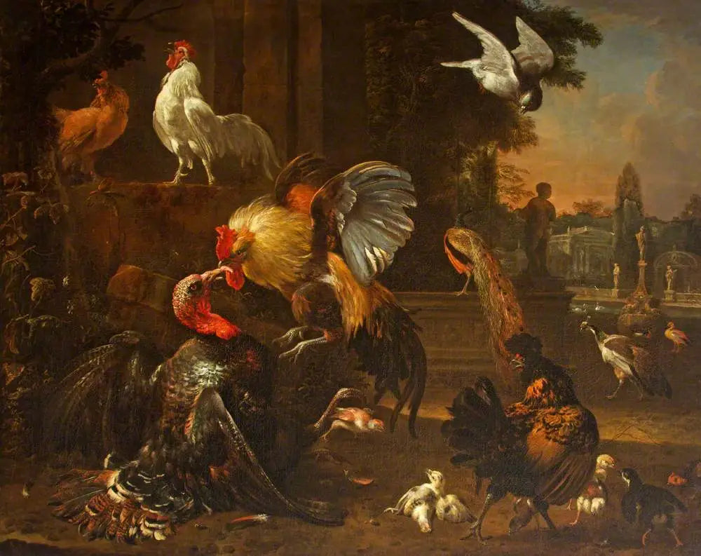 Un coq et une dinde se battent, dans un parc, avec d'autres volailles - Melchior de Hondecoeter image 1 copie de tableau peinte à la main
