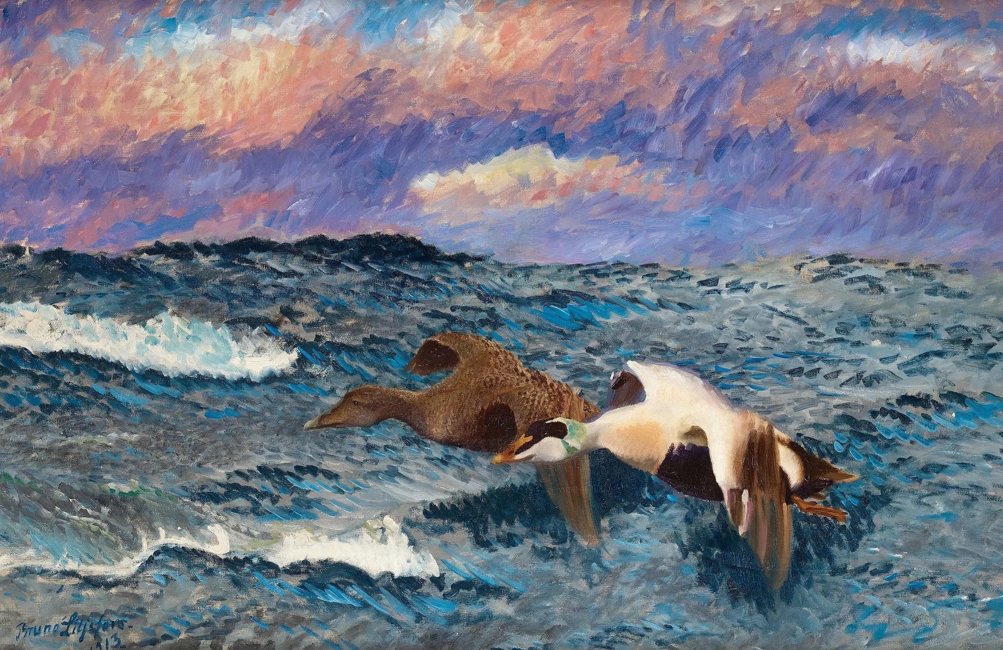 Un couple d'eiders volants - Bruno Liljefors image 1 copie peinte à la main à l’huile