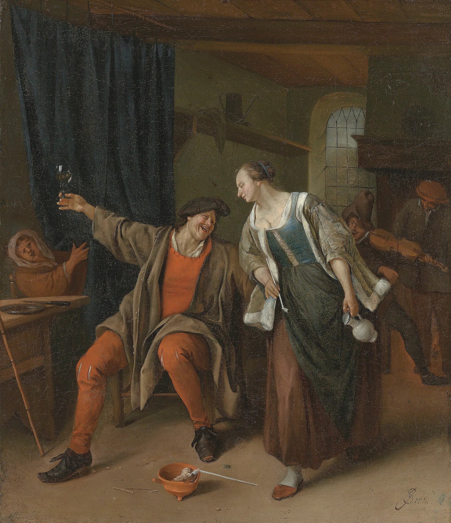 Un couple de paysans festoyant dans une auberge - Jan Steen image 1 reproduction artisanale de tableau
