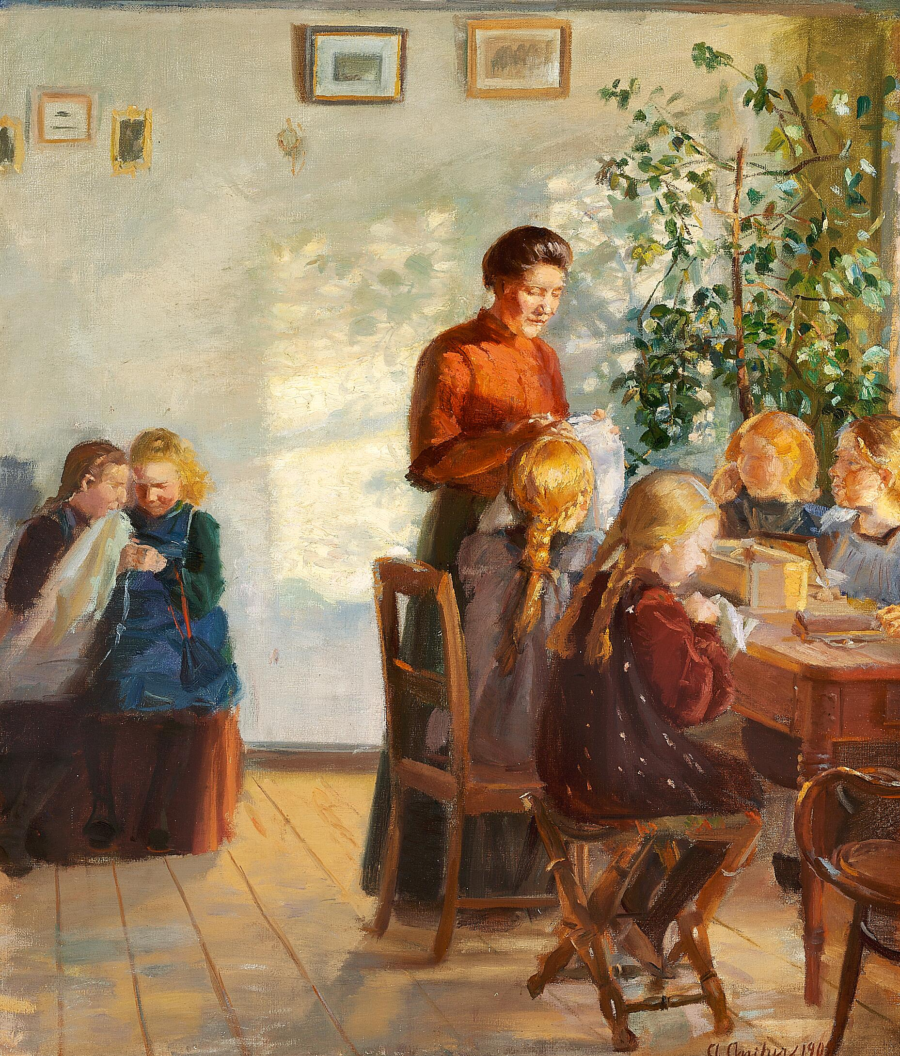 Un cours de couture. - Anna Ancher image 1 copie de tableau peinte à la main