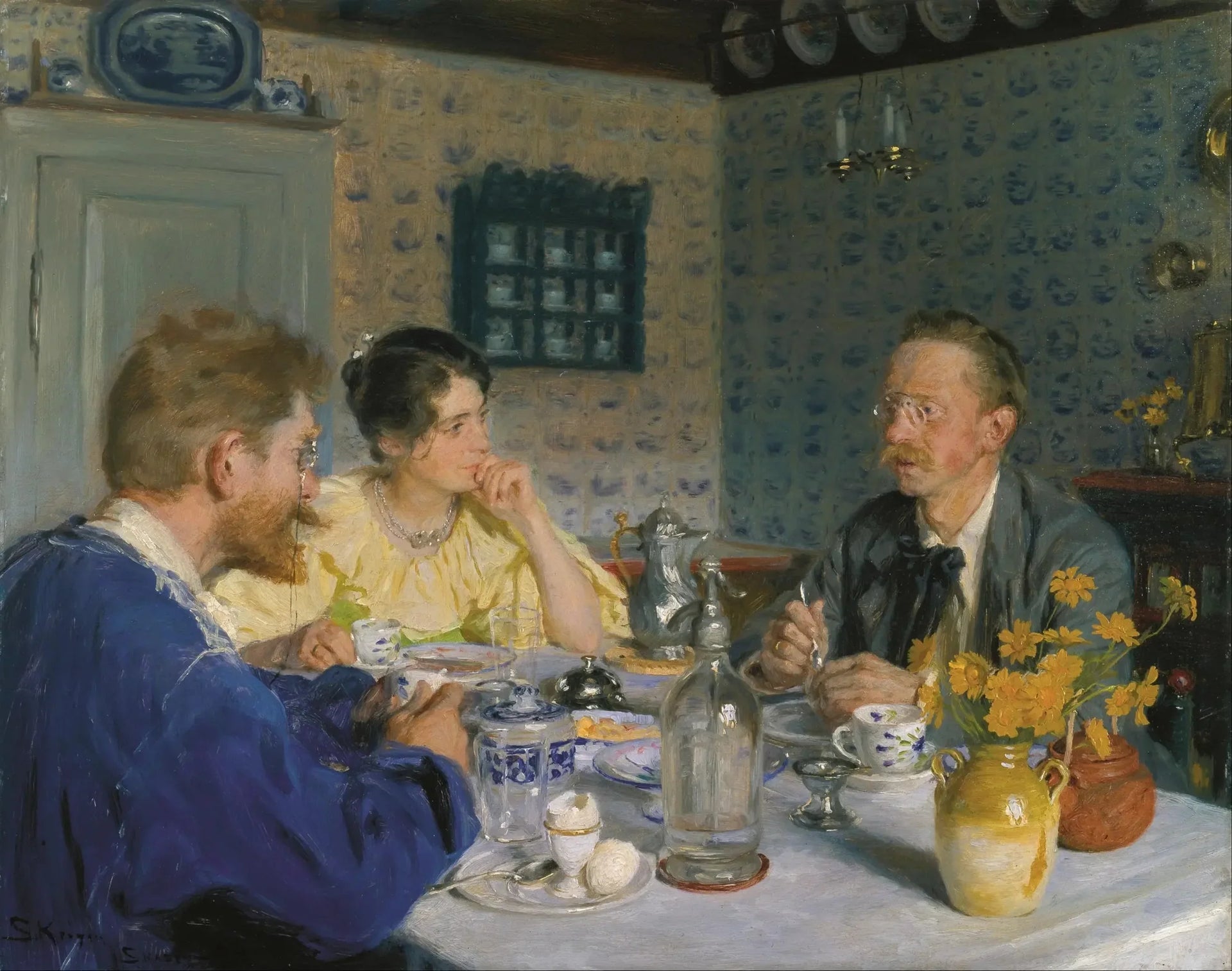 Un déjeuner. L'artiste, sa femme et l'écrivain Otto Benzon - Peder Severin Krøyer image 1 copie de tableau peinte à la main