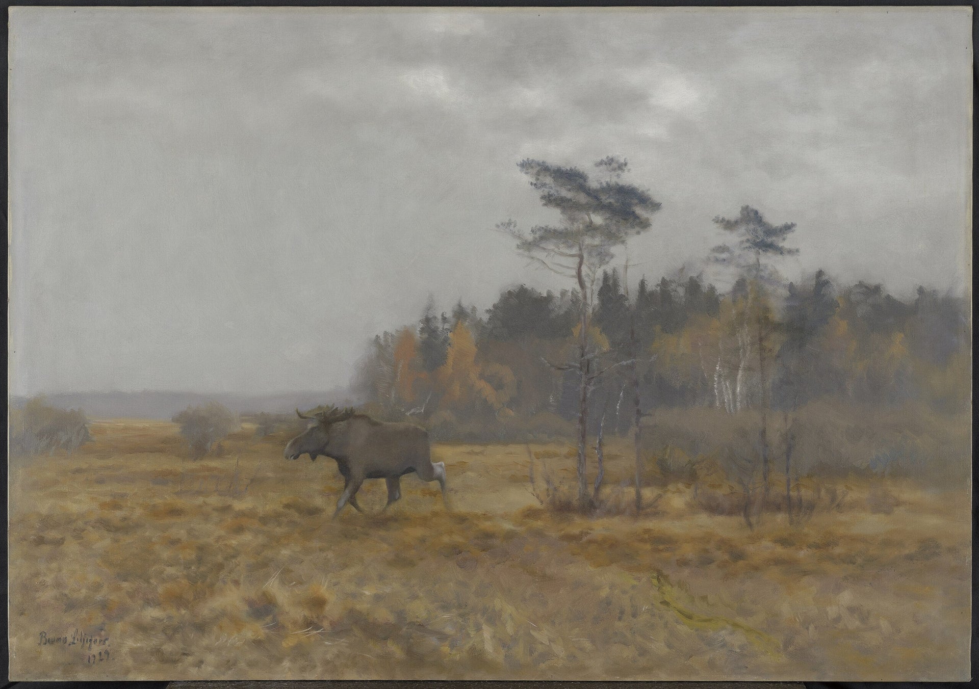 Un élan traversant un marais en Suède - Bruno Liljefors image 1 copie peinte à la main à l’huile