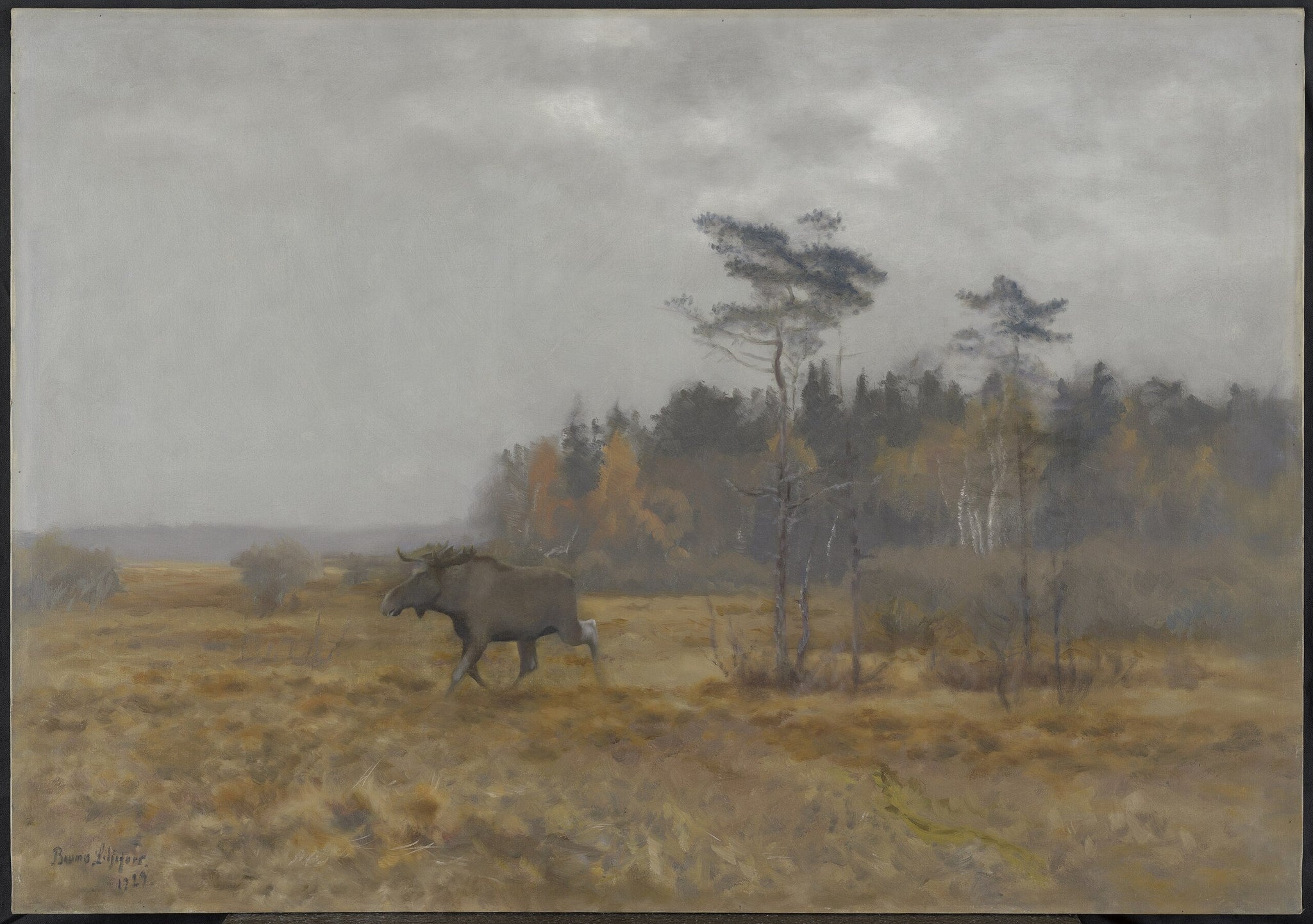 Un élan traversant un marais en Suède - Bruno Liljefors image 1 copie peinte à la main à l’huile
