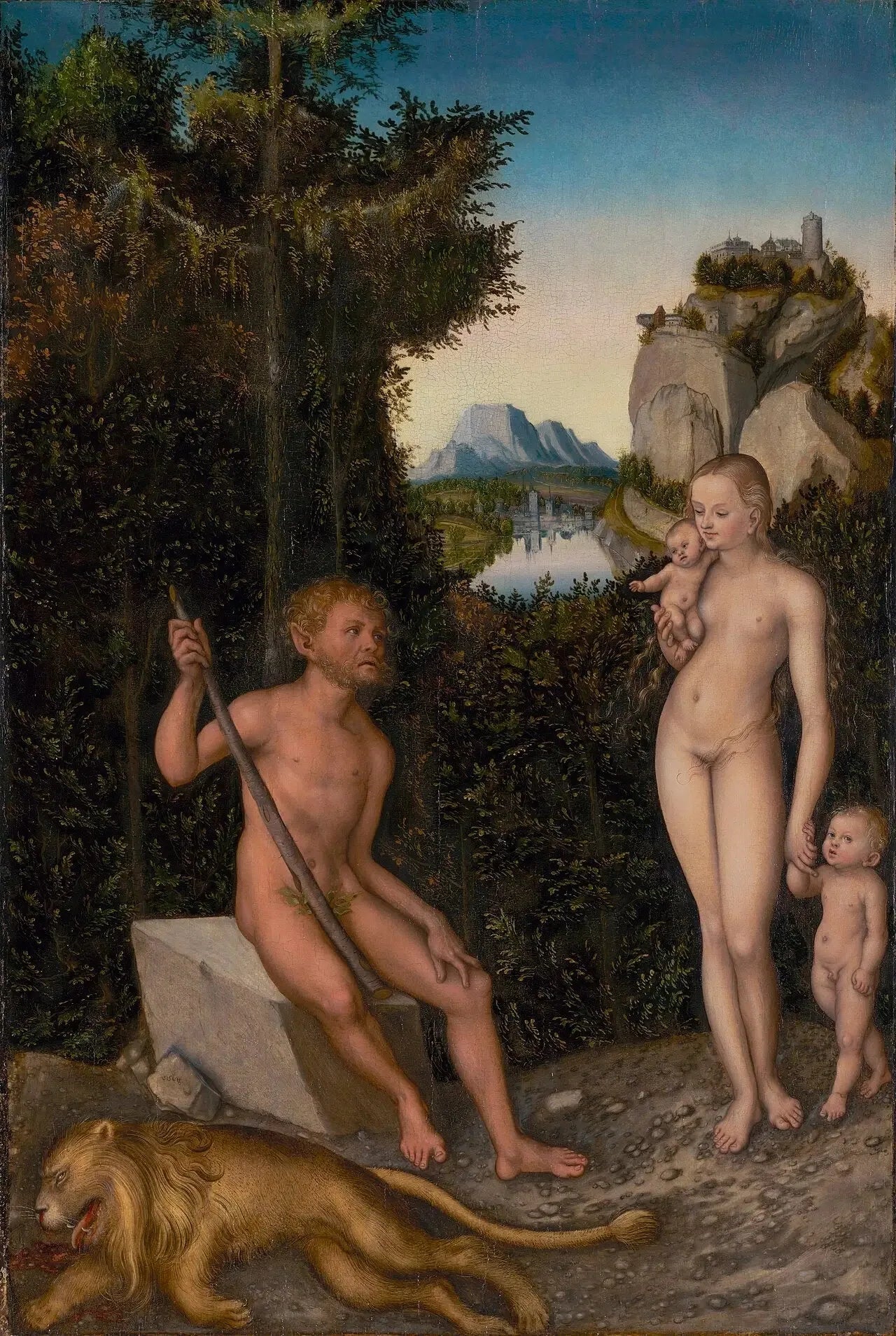 Un faune et sa famille avec un lion mort - Lucas Cranach the Elder image 1 reproduction de peinture à l’huile