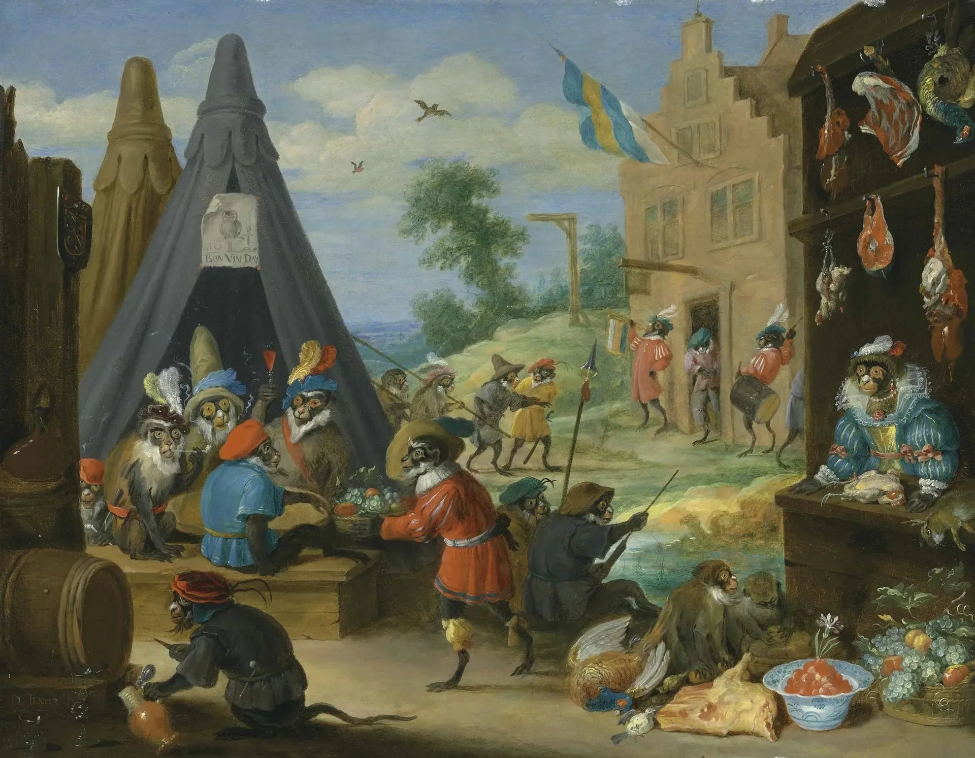 Un festival de singes (des singes déguisés en soldats dans un campement près d'une ville) - David Teniers le Jeune image 1 reproduction artisanale de tableau
