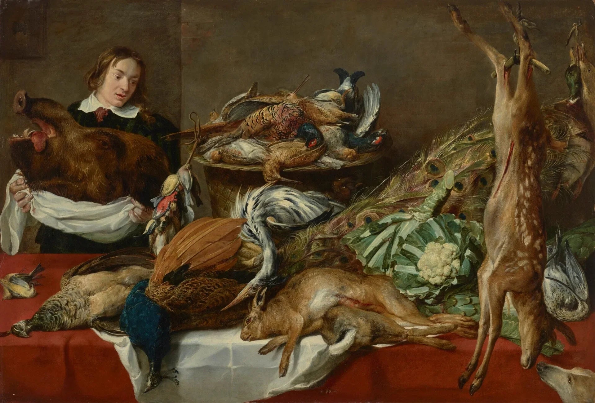 Un garçon dans un garde-manger tenant une tête de sanglier, avec des faisans, des paons, des cailles, des lapins, une biche, des choux-fleurs et des artichauts sur une table - Frans Snyders image 1 copie peinte à la main à l’huile