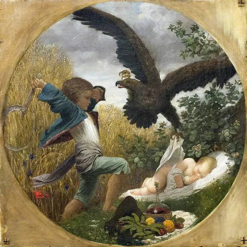 Un garçon défendant un bébé contre un aigle - Frederic Leighton image 1 reproduction artisanale de tableau