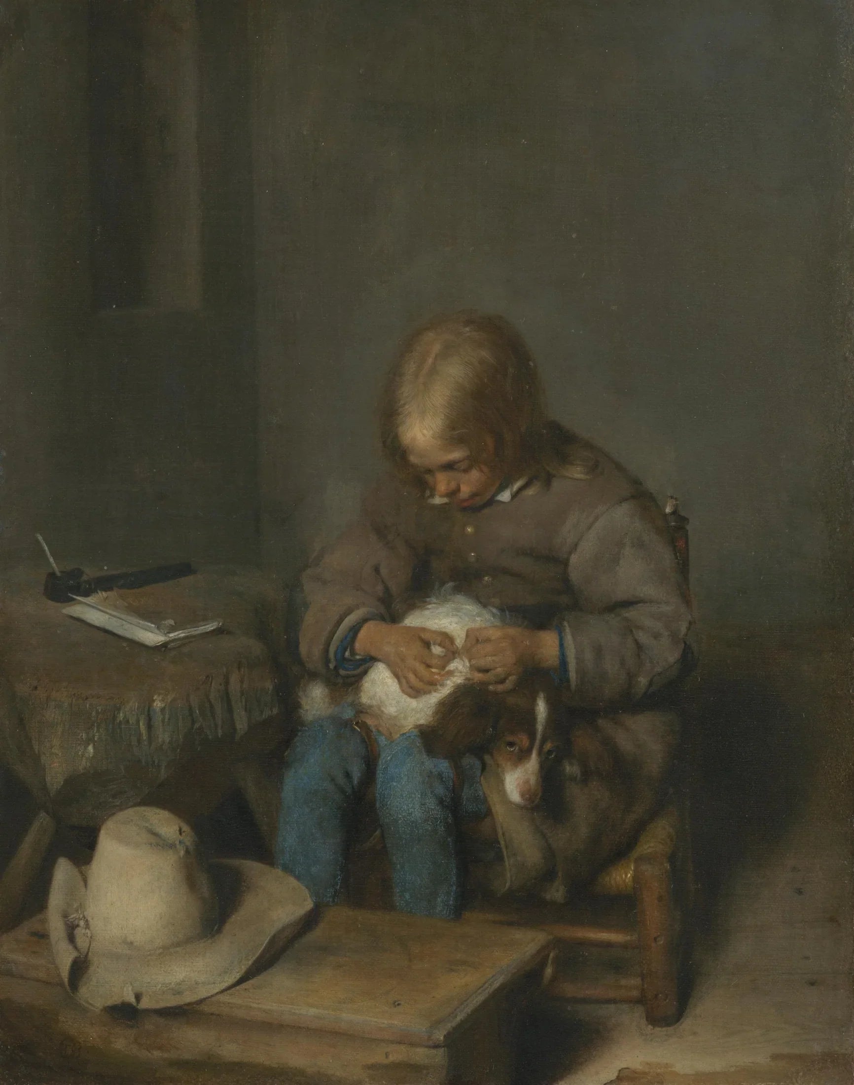 Un garçon enlève les puces d'un chien - Gerard ter Borch image 1 tableau peint à l’huile sur toile