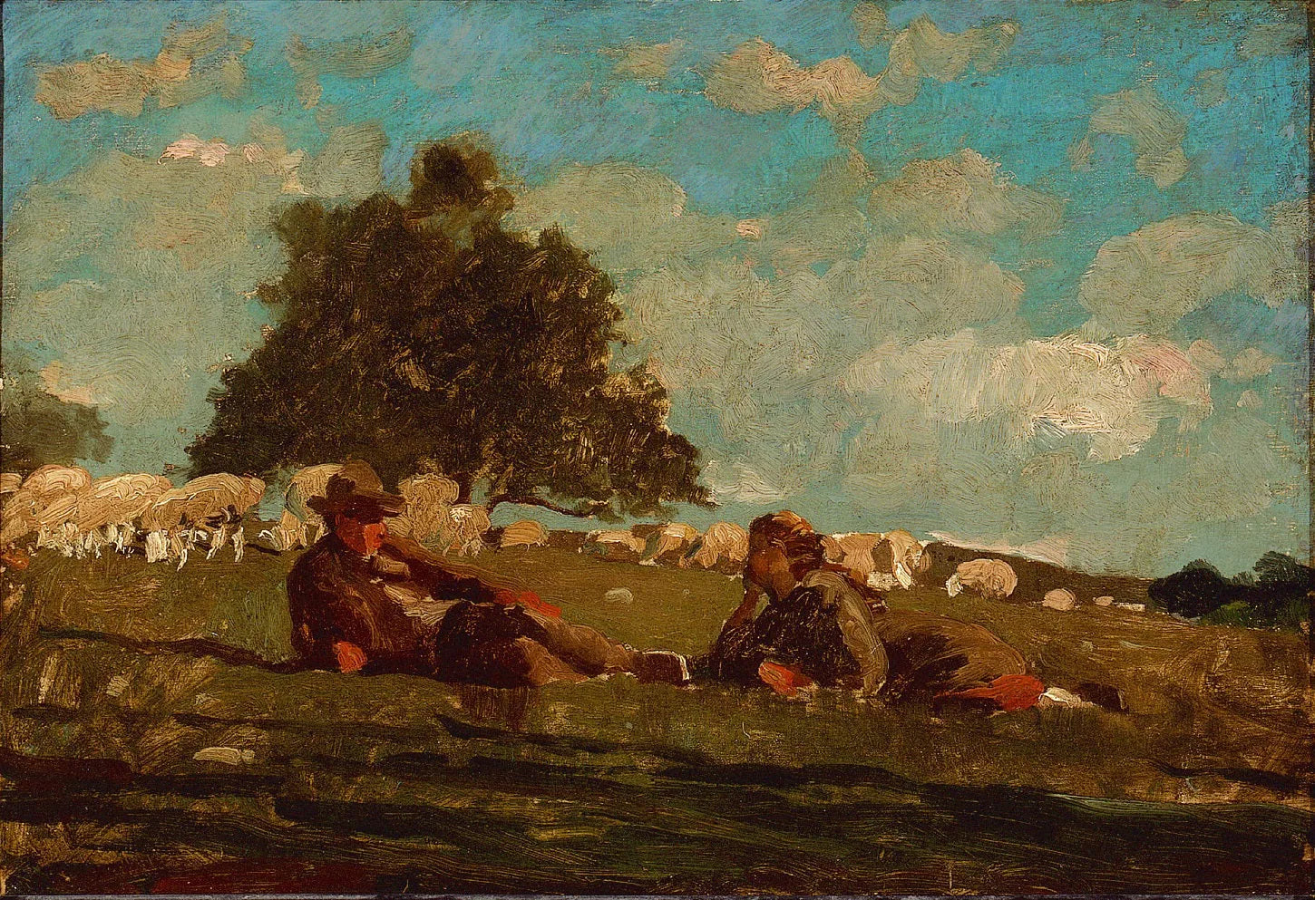 Un garçon et une fille dans un champ avec des moutons - Winslow Homer image 1 reproduction artisanale de tableau