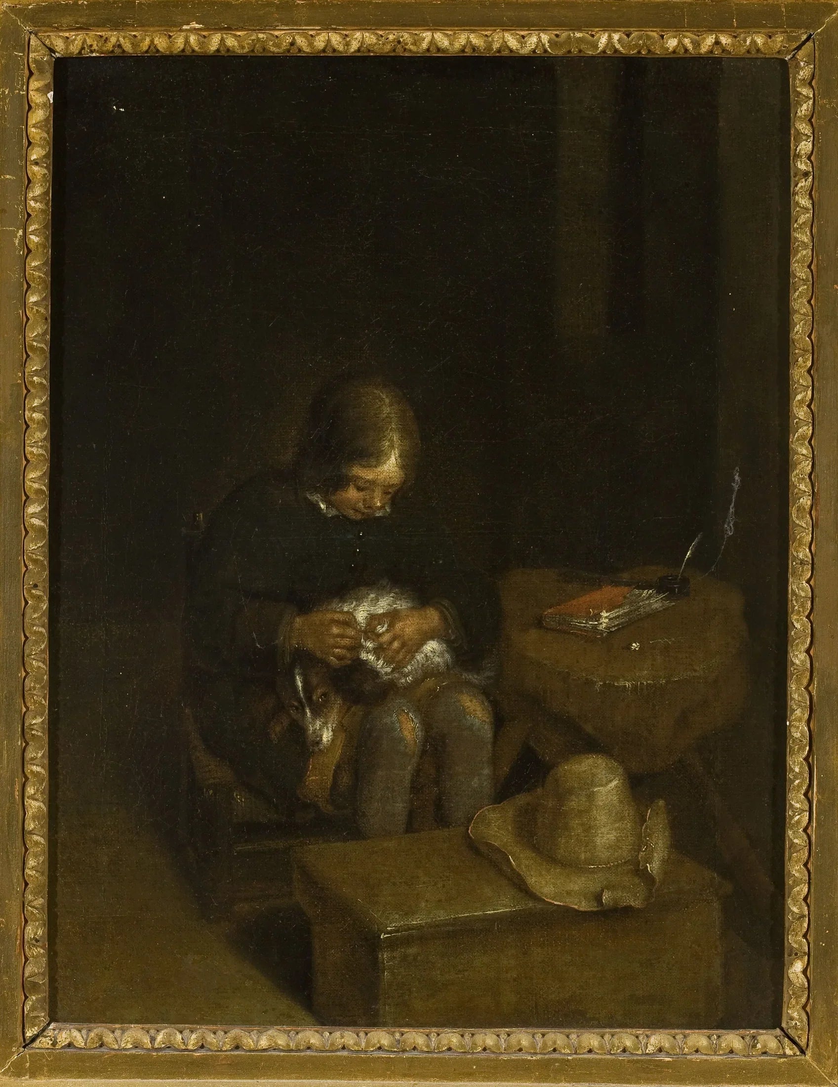 Un garçon qui chasse un chien - Gerard ter Borch image 1 copie de tableau peinte à la main