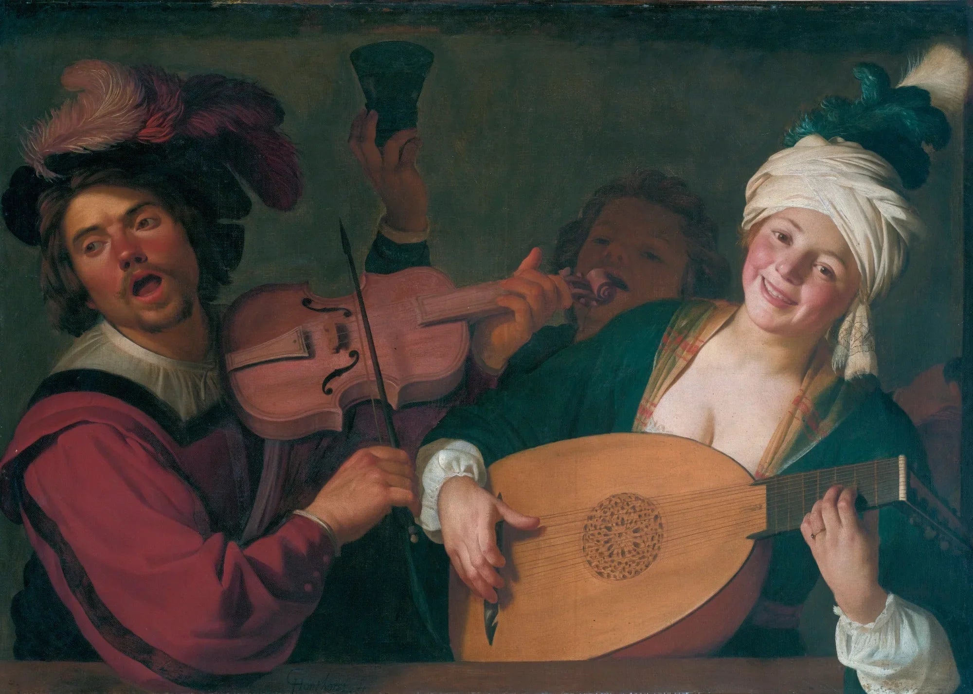 Un groupe joyeux derrière une balustrade avec un violon et un joueur de luth - Gerrit van Honthorst image 1 reproduction de peinture à l’huile
