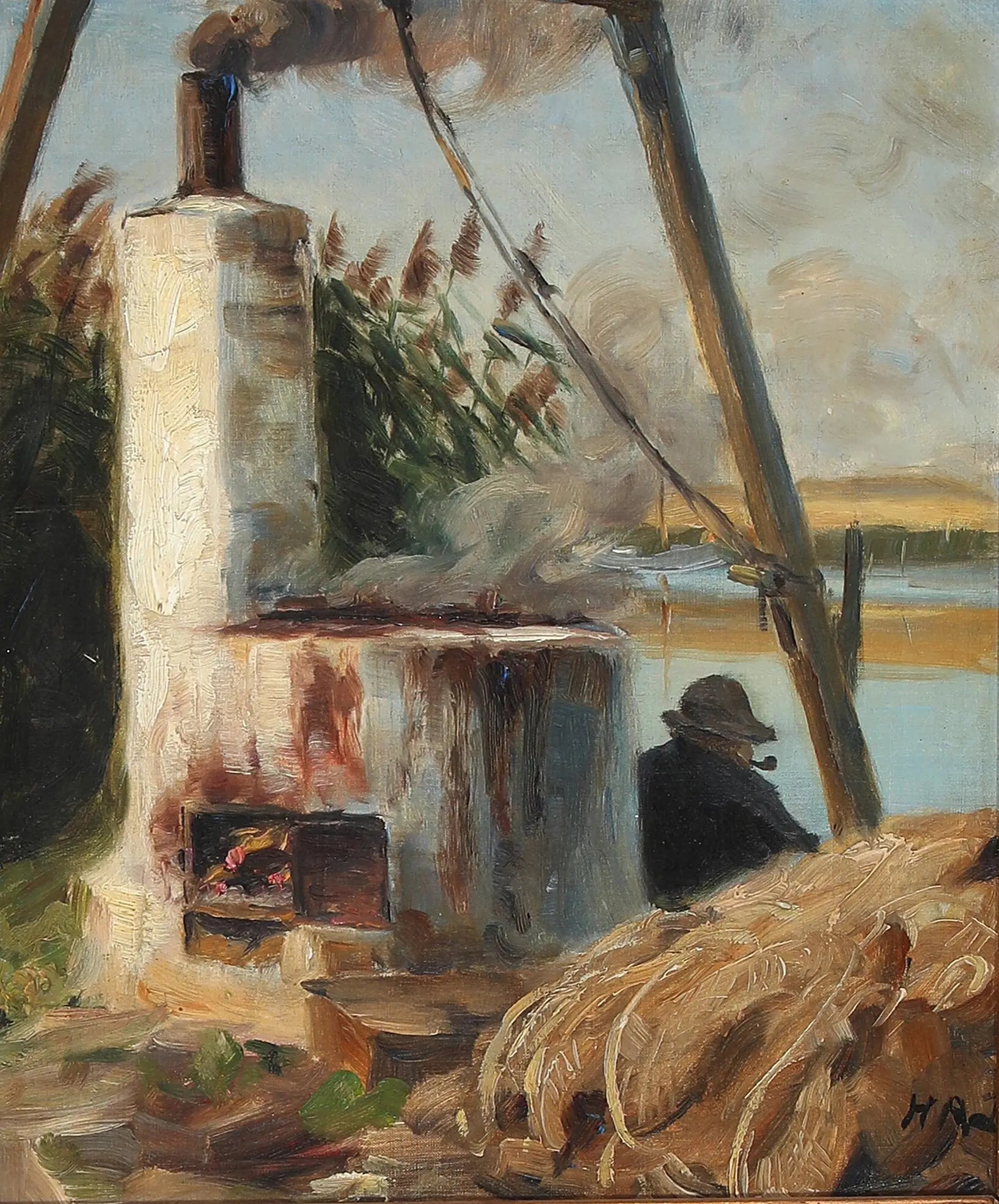 Un homme assis devant le four fumant. - H. A. Brendekilde image 1 copie peinte à la main à l’huile